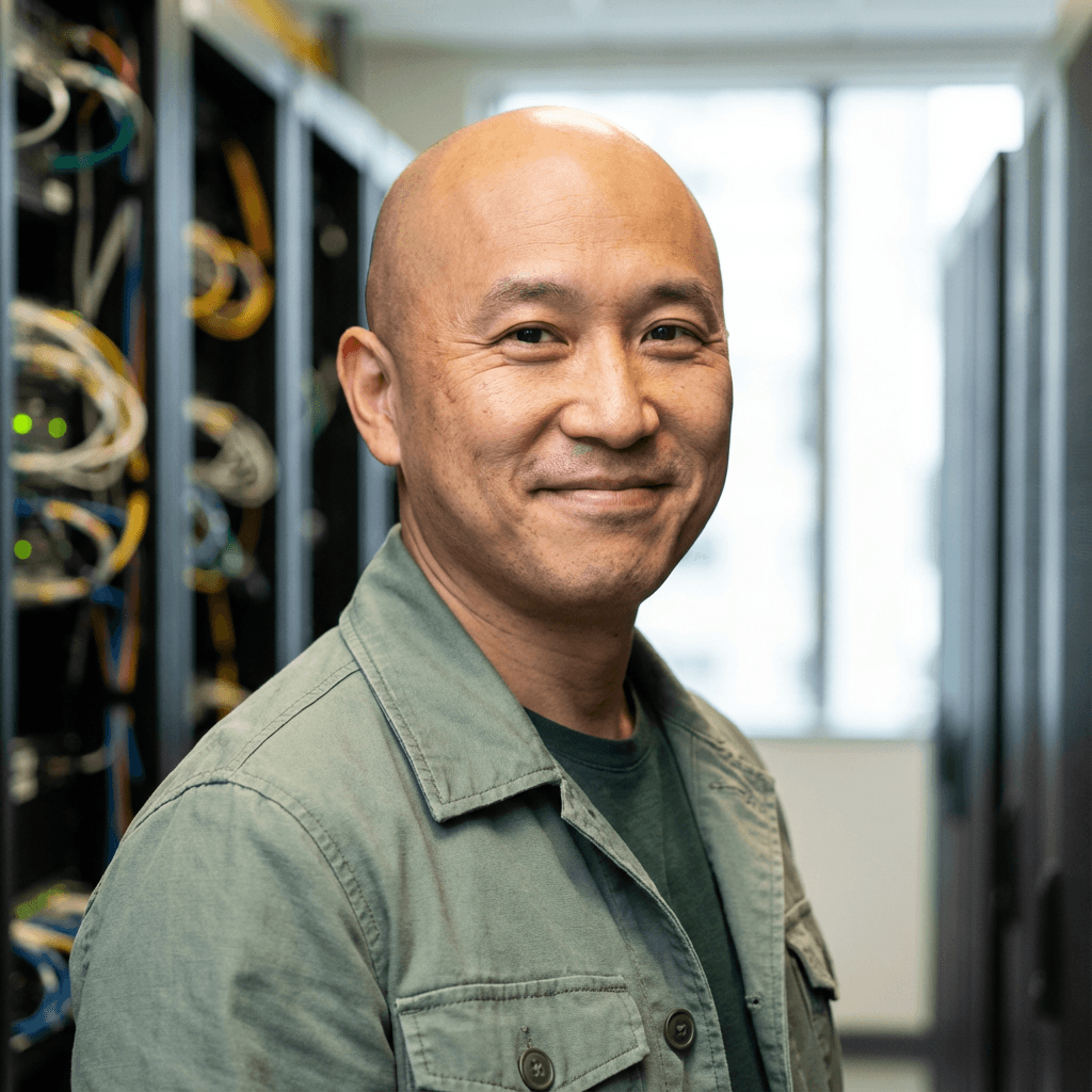 Luis Castro, lead data scientist, analyzing molecular algorithm models on a monitor