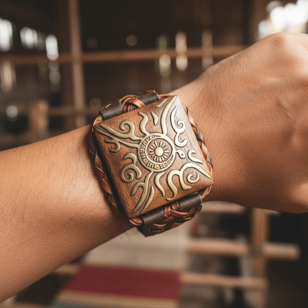 Close-up of a modern amulet-style wearable on a wrist, showing intricate Filipino-inspired patterns