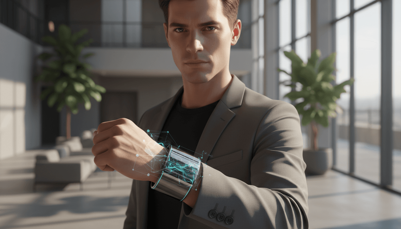 Person wearing a modern wearable device in natural light