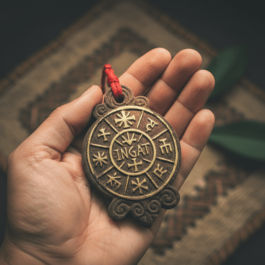 Hand holding a traditional Filipino agimat charm with engraved patterns, rustic wooden background