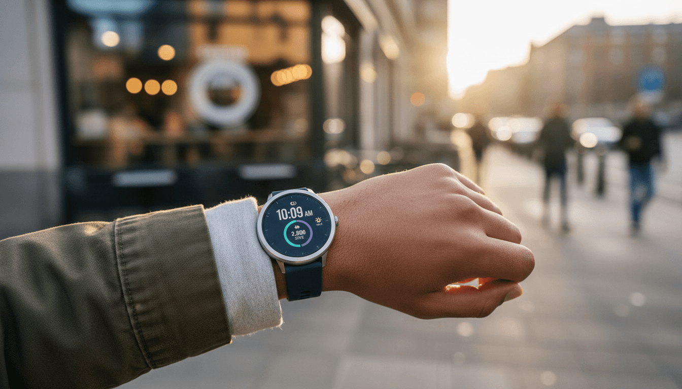 Close-up of a person wearing a modern wearable device with heritage-inspired design