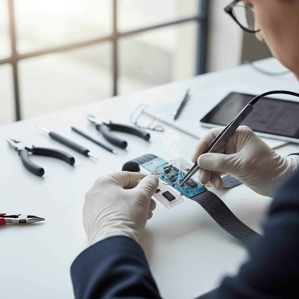 Founders K and A examining a wearable prototype in a modern workshop