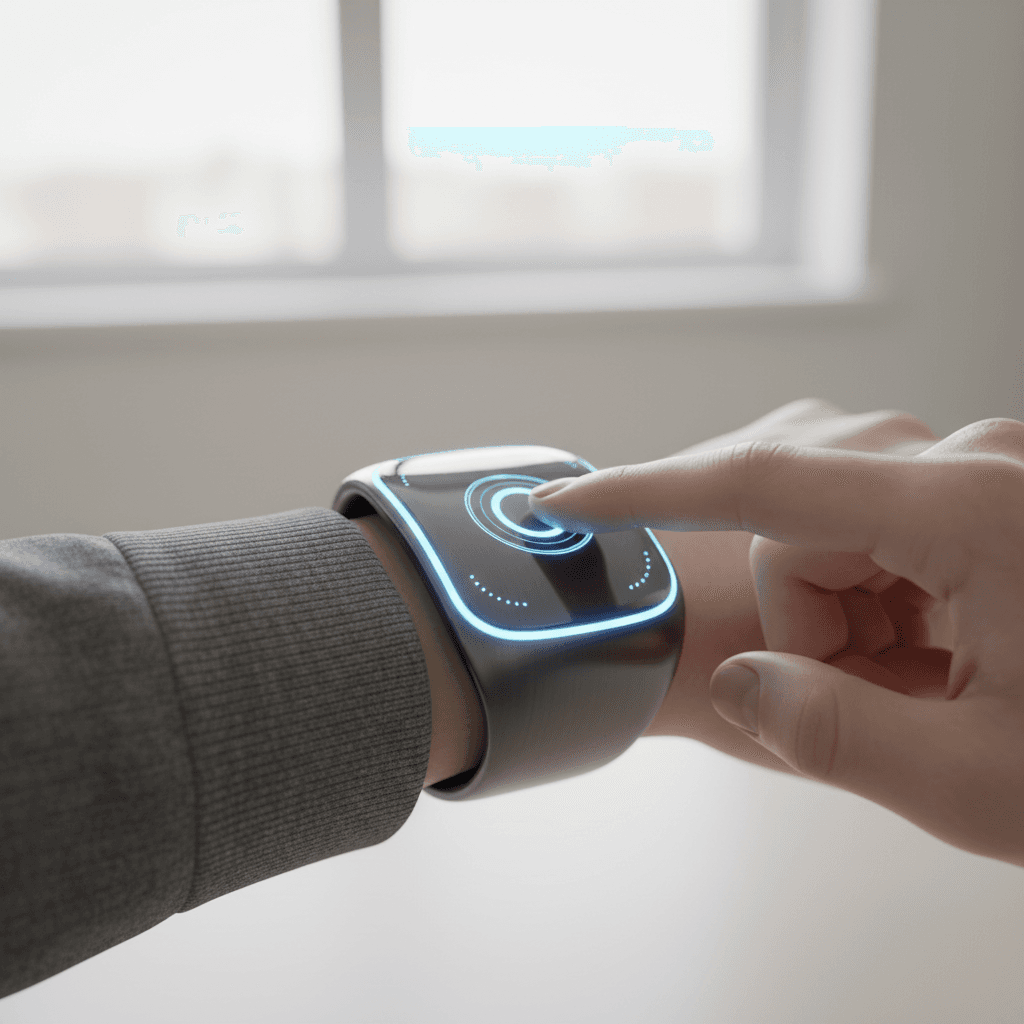 Close-up of a sleek wearable device on a display stand in a clean, well-lit room