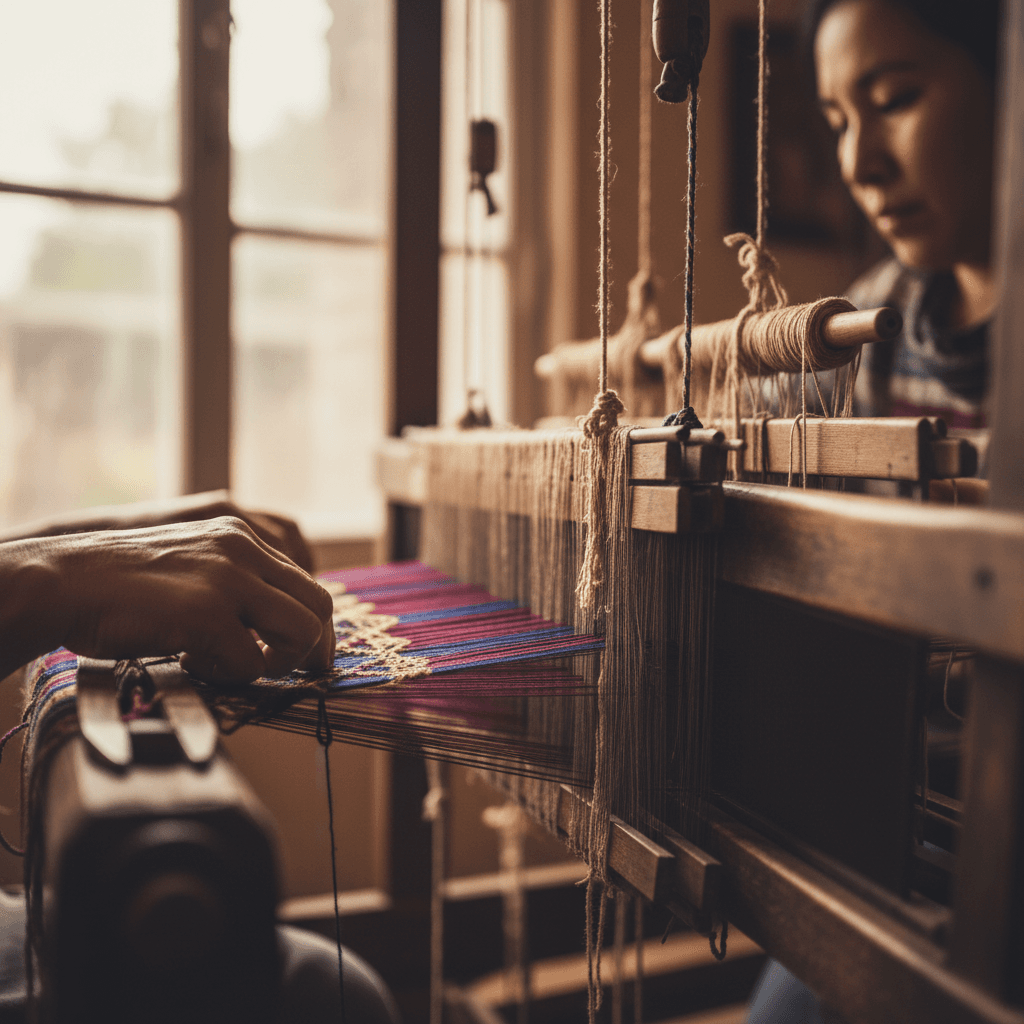 Close up of Filipino artisan weaving traditional patterns with natural fibers in warm light