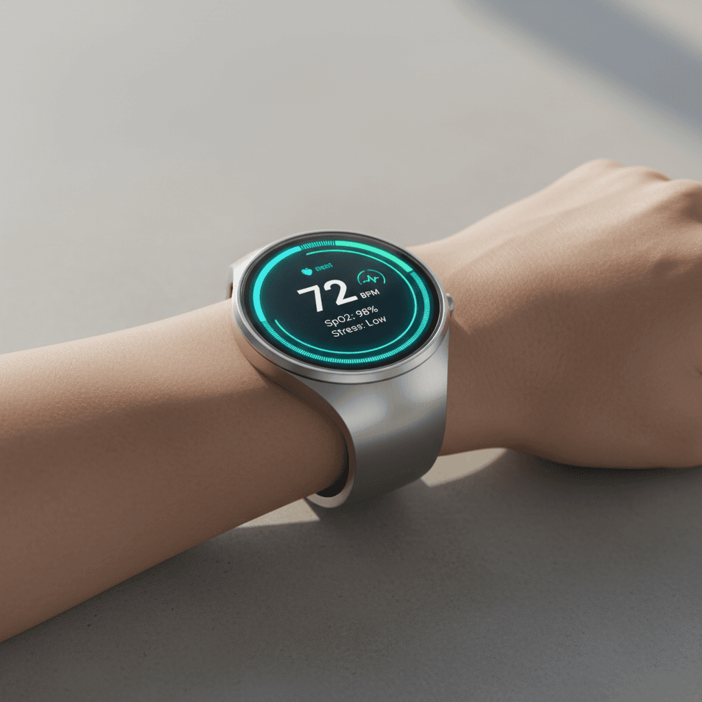 Close up of wearable device screen showing health metrics and Filipino heritage design