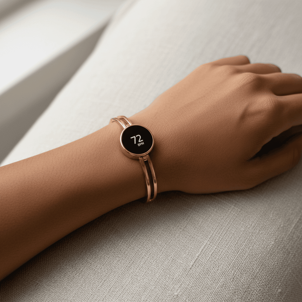 Person wearing a sleek wearable amulet on wrist with health data hologram